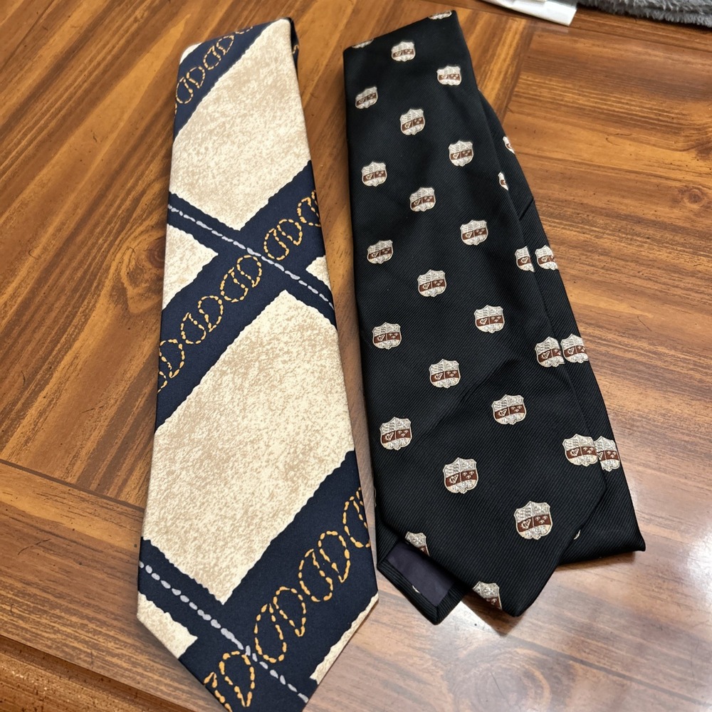 Lot 2 Vintage 4‎ Inch Neckties Black Navy Print RAM JOHN BULL
